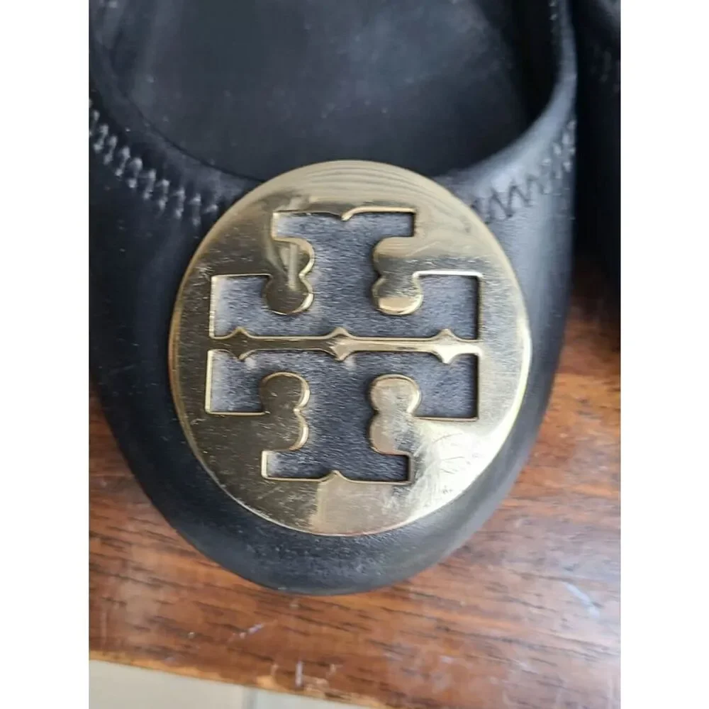 Tory Burch Black Reva Black Leather Ballet with Gold Logo size 9M